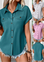 Women Solid Turndown Collar Pleated Pocket Short Sleeve Top T-shirt