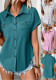 Women Solid Turndown Collar Pleated Pocket Short Sleeve Top T-shirt