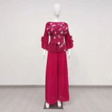 Plus Size Women Casual Pleated Top and Wide Leg Pants Two Piece Set