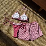 Women Sexy Color Block Striped Polka Dot Square Leg Pants Swimwear Three-Piece