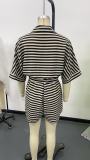 Women Spring and Summer Striped Turndown Collar Cardigan Button Half-Sleeve Top and Shorts Two Piece Set