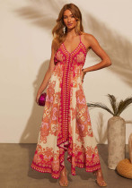 Women spring and summer off-shoulder V-neck suspender printed dress Women spring and summer off-shoulder V-neck suspender printed dress