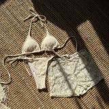 Women Sexy Lace Square Leg Pants Lace-Up Swimwear Three-Piece