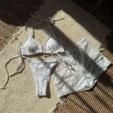 Women Sexy Lace Square Leg Pants Lace-Up Swimwear Three-Piece