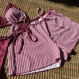 Women Sexy Color Block Striped Polka Dot Square Leg Pants Swimwear Three-Piece