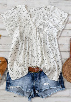 Women Spring and Autumn Princess Sleeve V-Neck Button Pleated Top T-shirt