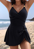 Women Solid V-Neck Skirt Pants Sexy One-Piece Swimwear