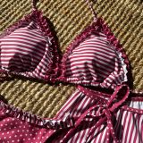 Women Sexy Color Block Striped Polka Dot Square Leg Pants Swimwear Three-Piece