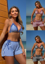 Women Sexy Color Block Striped Polka Dot Square Leg Pants Swimwear Three-Piece