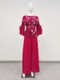 Plus Size Women Casual Pleated Top and Wide Leg Pants Two Piece Set