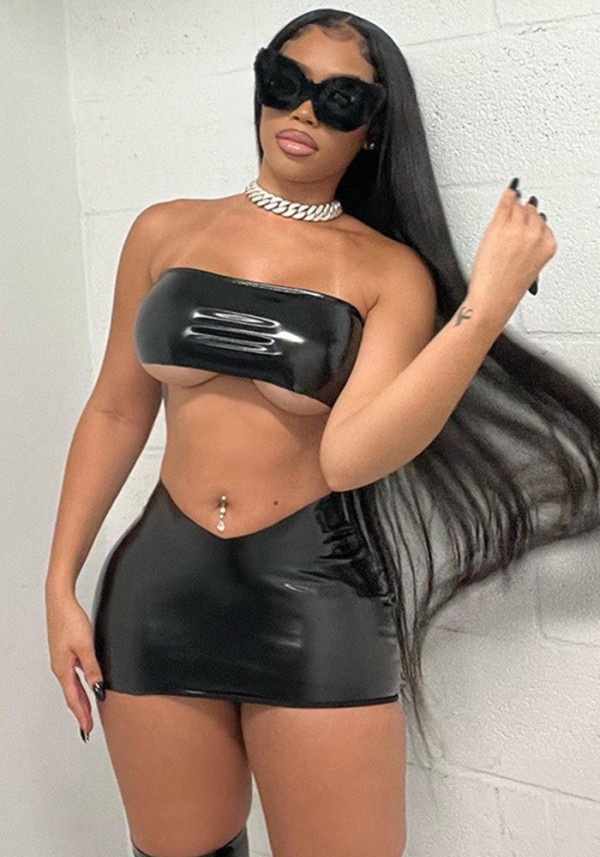 Women sexy Strapless Crop Top and Bodycon Skirt Two Piece Set