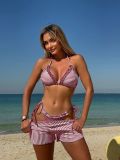 Women Sexy Color Block Striped Polka Dot Square Leg Pants Swimwear Three-Piece