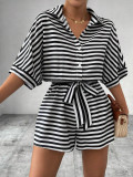 Women Spring and Summer Striped Turndown Collar Cardigan Button Half-Sleeve Top and Shorts Two Piece Set