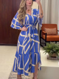 Women Summer U-Neck Printed Long Sleeve Bell Bottom Sleeve Dress