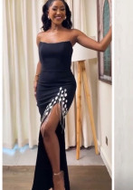 Women diamond chain Strapless sexy Backless Bodycon slit dress Women diamond chain Strapless sexy Backless Bodycon slit dress