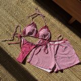 Women Sexy Color Block Striped Polka Dot Square Leg Pants Swimwear Three-Piece