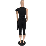 Women Summer Slash Shoulder Lace-Up Casual Solid Top and Shorts Two Piece Set