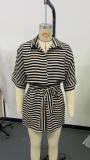 Women Spring and Summer Striped Turndown Collar Cardigan Button Half-Sleeve Top and Shorts Two Piece Set