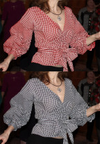 Summer Plus Size Fashion V-Neck Bubble Sleeves Lace-Up Plaid Shirt Top