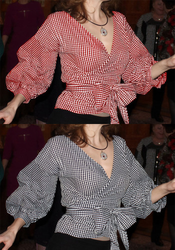 Summer Plus Size Fashion V-Neck Bubble Sleeves Lace-Up Plaid Shirt Top