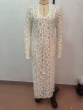 Spring Summer Long-Sleeved See-Through Lace Loose Holidays Slit Dresses