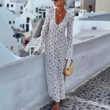 Spring Summer Long-Sleeved See-Through Lace Loose Holidays Slit Dresses