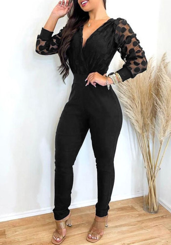 Career Women's Black Mesh Polka Dot Long Sleeve Jumpsuit
