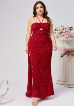Plus Size Women Fashion Sexy Halter Neck Slit Red Sequin Evening Dresses