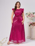 Plus Size Women Sequin Sleeveless Belted Round Neck Sexy Party Dress