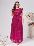 Plus Size Women Sequin Sleeveless Belted Round Neck Sexy Party Dress
