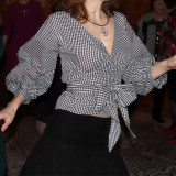 Summer Plus Size Fashion V-Neck Bubble Sleeves Lace-Up Plaid Shirt Top
