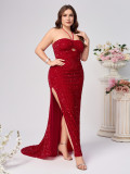 Plus Size Women Fashion Sexy Halter Neck Slit Red Sequin Evening Dresses