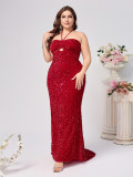 Plus Size Women Fashion Sexy Halter Neck Slit Red Sequin Evening Dresses