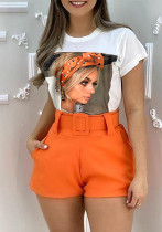 Career Women's White Printed T-Shirt High Waist Shorts With Belt Career Women's White Printed T-Shirt High Waist Shorts With Belt
