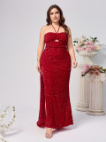 Plus Size Women Fashion Sexy Halter Neck Slit Red Sequin Evening Dresses