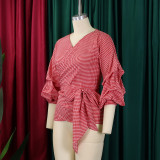 Summer Plus Size Fashion V-Neck Bubble Sleeves Lace-Up Plaid Shirt Top