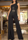 Career Women's Pleated Long Sleeve Patchwork Turndown Collar Belt Slim Waist Wide Leg Jumpsuit