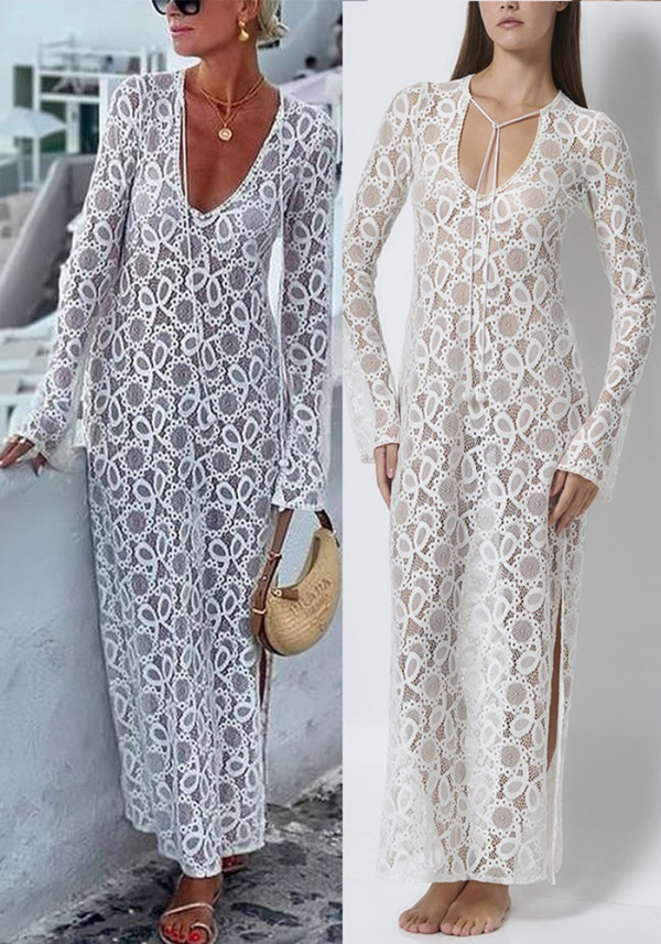 Spring Summer Long-Sleeved See-Through Lace Loose Holidays Slit Dresses