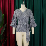Summer Plus Size Fashion V-Neck Bubble Sleeves Lace-Up Plaid Shirt Top