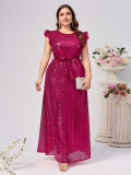 Plus Size Women Sequin Sleeveless Belted Round Neck Sexy Party Dress