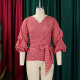 Summer Plus Size Fashion V-Neck Bubble Sleeves Lace-Up Plaid Shirt Top