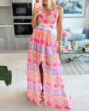 Women's Casual Print Halter Neck Lace-Up Slit Dress