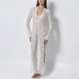 Spring Summer Long-Sleeved See-Through Lace Loose Holidays Slit Dresses