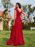 Women v-neck sleeveless red bridesmaid evening dress