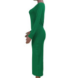 Women Spring Sexy Solid U-shaped Neck Long Sleeve Slit Ribbed Dress