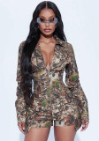 Women Sexy V Neck Camouflage Print Long Sleeve Bodysuit