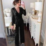 Women V Neck Long Sleeve Sparkling Sequin Jumpsuit