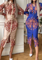 Women Stand Collar Long Sleeve Print Dress