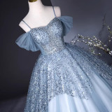 Women spring Off Shoulder annual meeting colored yarn evening dress（Processing time need 3-6 days）