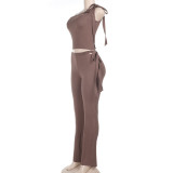 Women Spring Slash Shoulder Lace-Up Crop Top and Two Piece Set